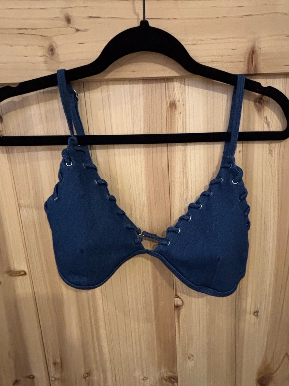 Good American Navy Denim Lace-Up Bikini Top
